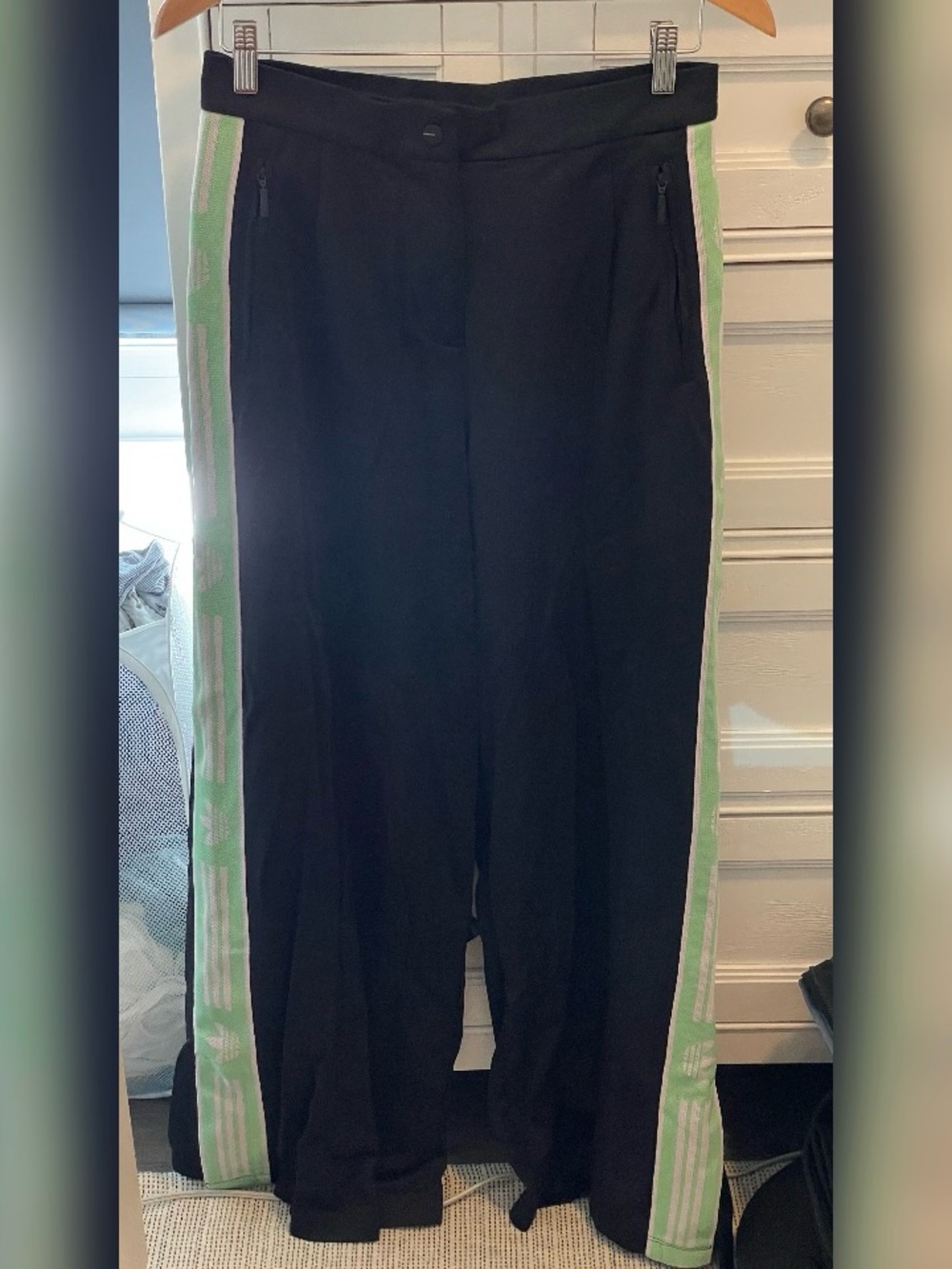 Adidas Black Wide-Leg Pants with Mint Side Logo Stripe